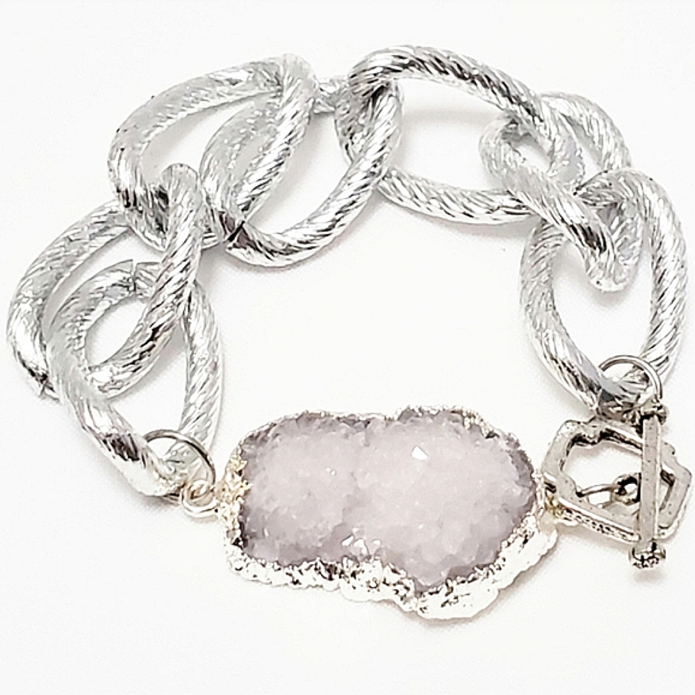 Clear Quartz Druzy Silver   Bracelet Size 7.5